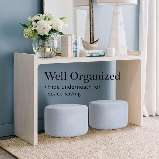 Buy Fabric Ottoman Round Wooden Leg Foot Stool - LIGHT BLUE discounted | Products On Sale Australia