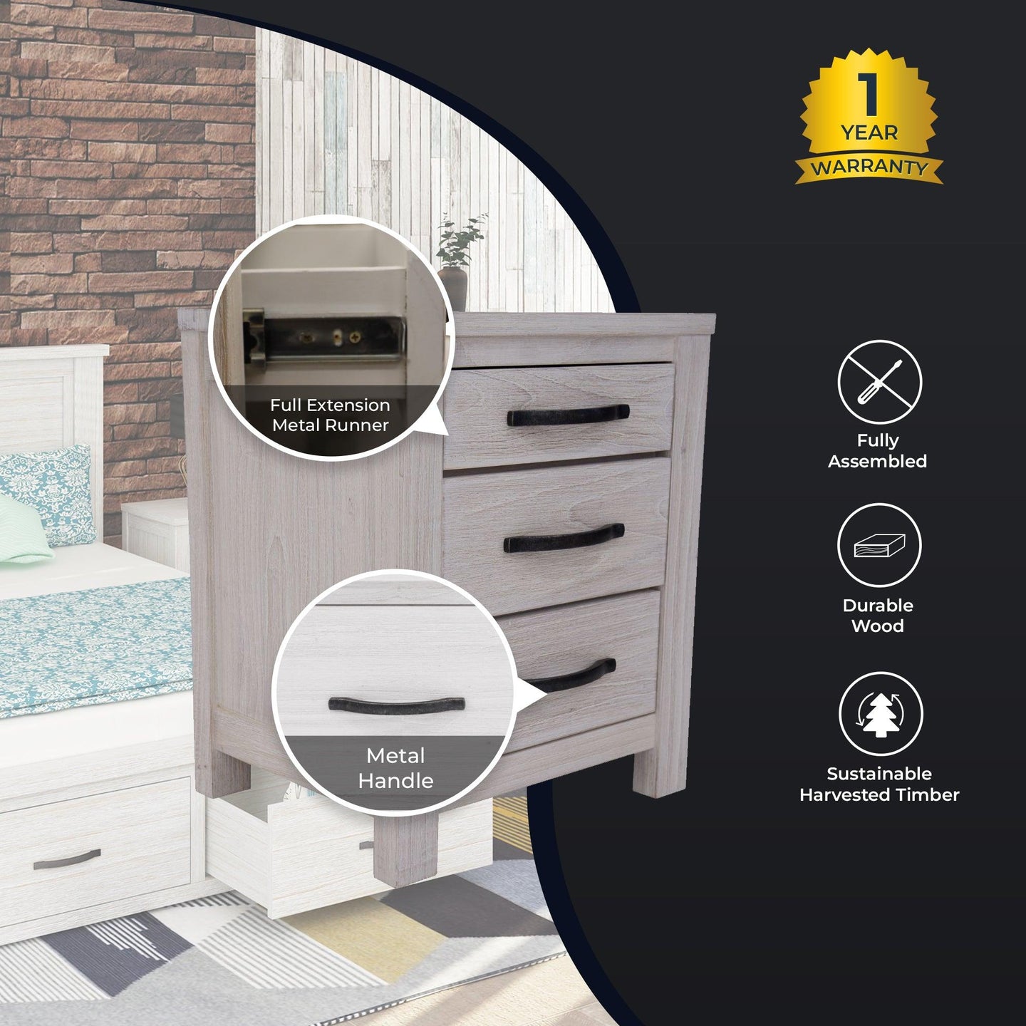 Buy Foxglove Bedside Tables 3 Drawers Storage Cabinet Shelf Side End Table - White discounted | Products On Sale Australia