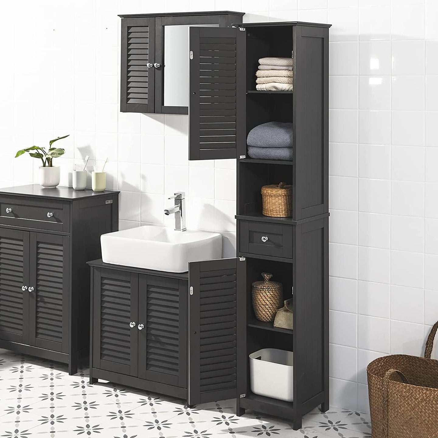 Buy Freestanding Tall Bathroom Cabinet 170 x 32 x 30 cm (Black) discounted | Products On Sale Australia