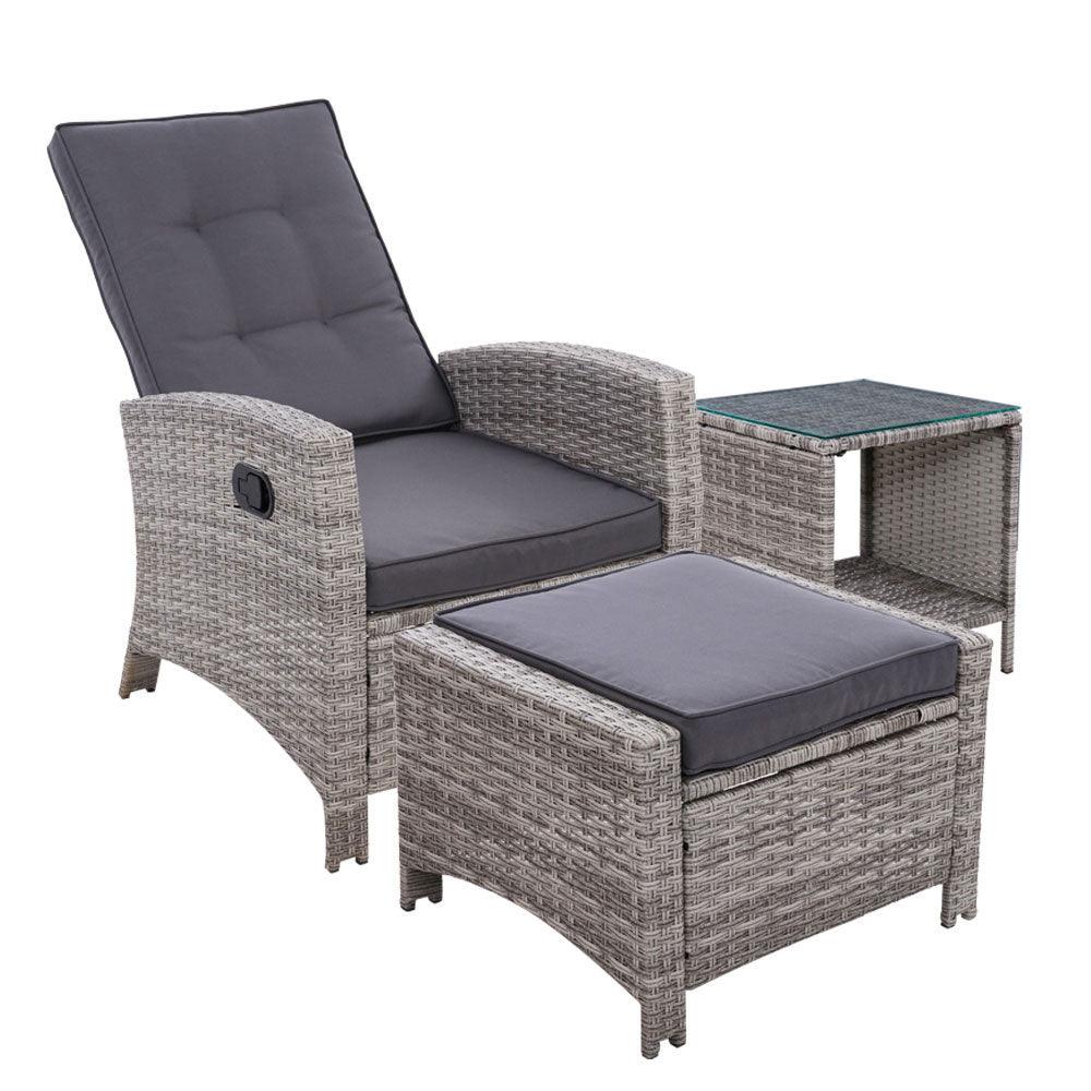 Buy Gardeon 3PC Recliner Chairs Table Sun lounge Wicker Outdoor Furniture Adjustable Grey discounted | Products On Sale Australia