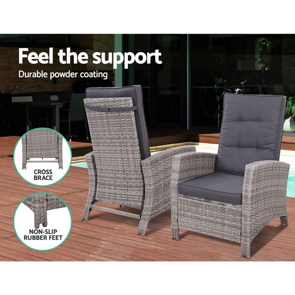 Buy Gardeon 3PC Recliner Chairs Table Sun lounge Wicker Outdoor Furniture Adjustable Grey discounted | Products On Sale Australia