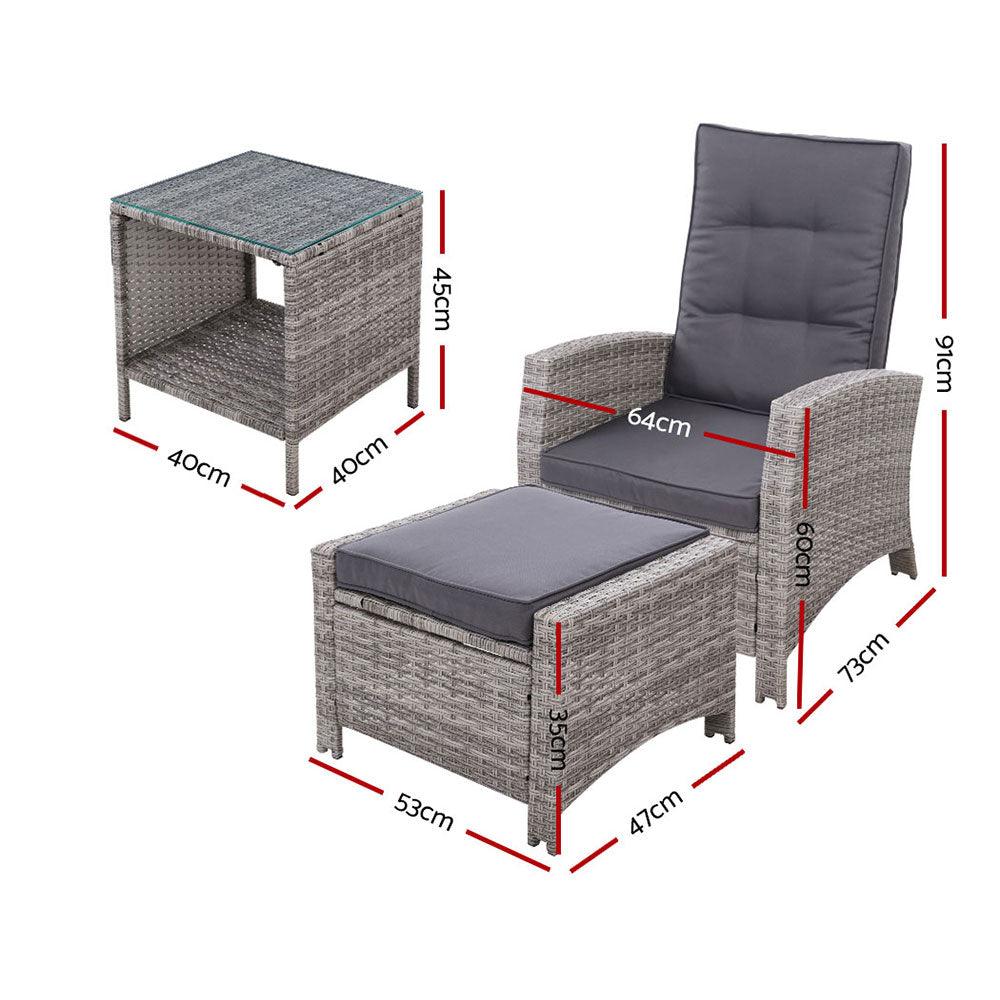 Buy Gardeon 3PC Recliner Chairs Table Sun lounge Wicker Outdoor Furniture Adjustable Grey discounted | Products On Sale Australia