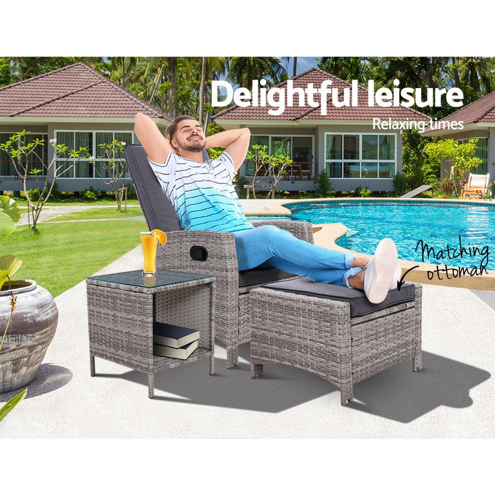 Buy Gardeon 3PC Recliner Chairs Table Sun lounge Wicker Outdoor Furniture Adjustable Grey discounted | Products On Sale Australia