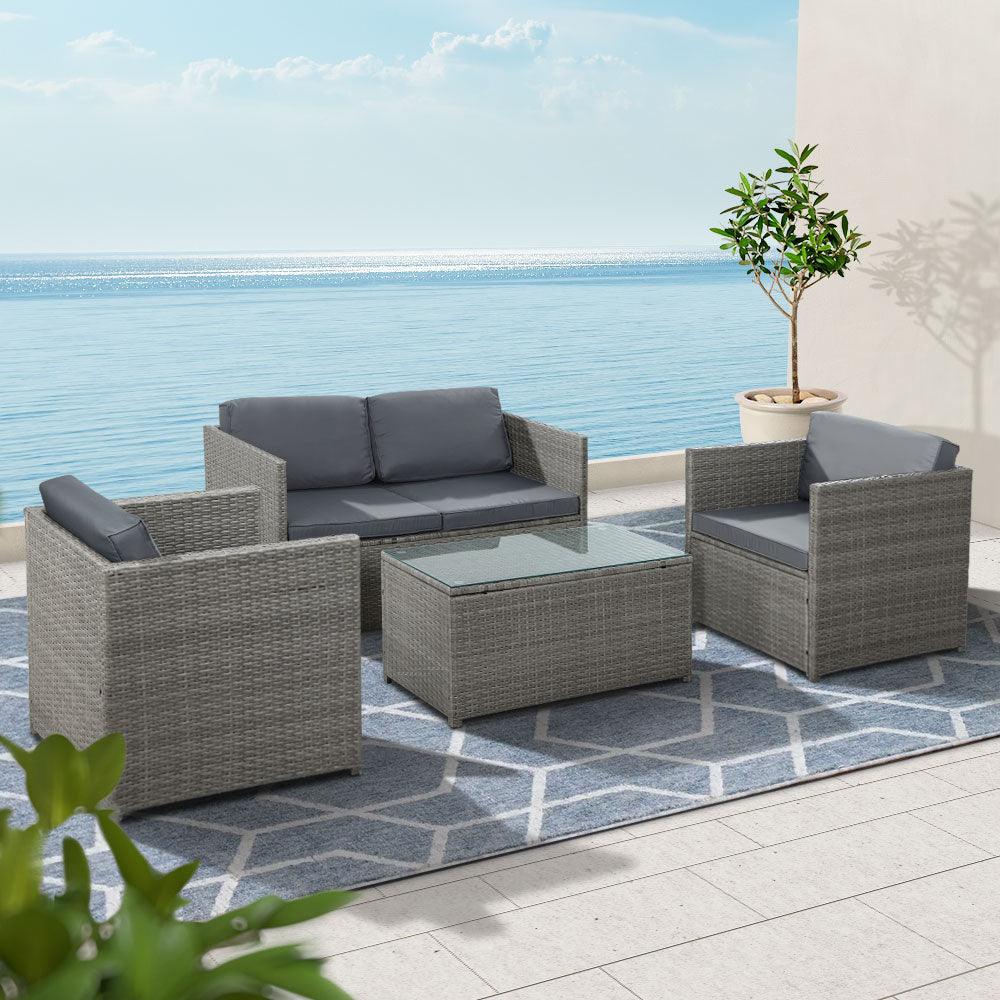 Buy Gardeon 4-Piece Outdoor Sofa Set Wicker Couch Lounge Setting Grey discounted | Products On Sale Australia