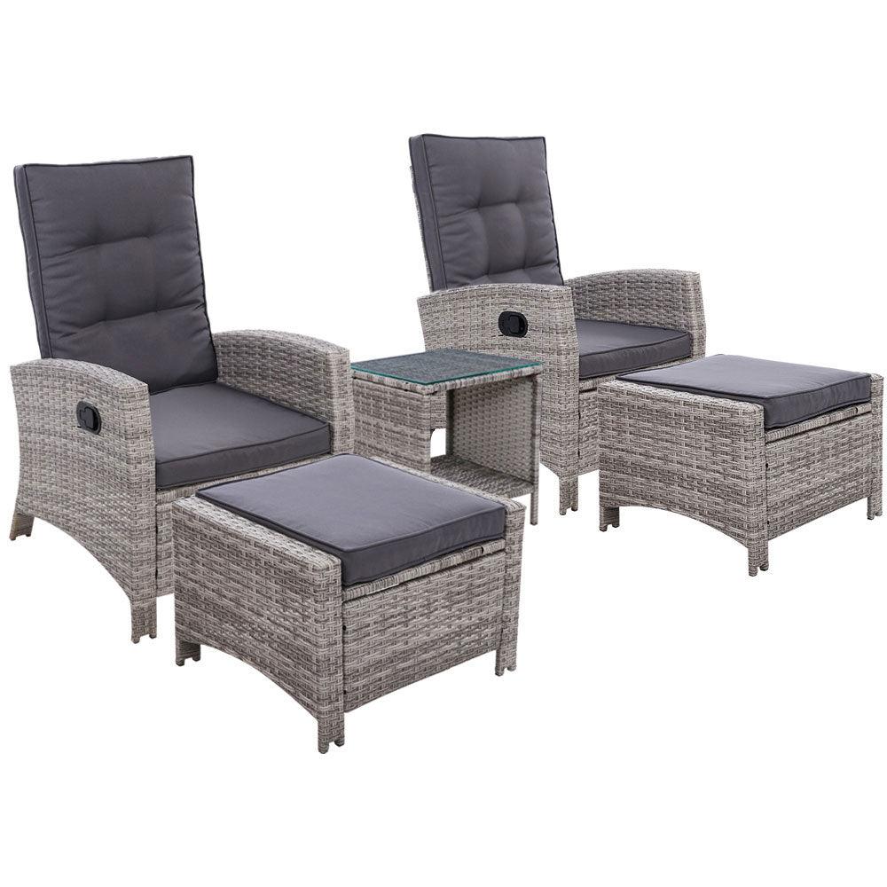 Buy Gardeon 5PC Recliner Chairs Table Sun lounge Wicker Outdoor Furniture Adjustable Grey discounted | Products On Sale Australia