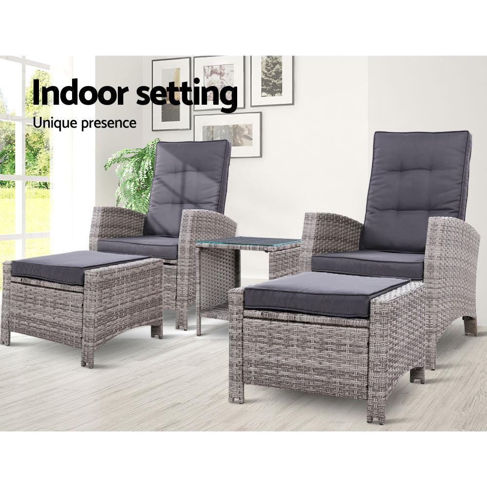 Buy Gardeon 5PC Recliner Chairs Table Sun lounge Wicker Outdoor Furniture Adjustable Grey discounted | Products On Sale Australia