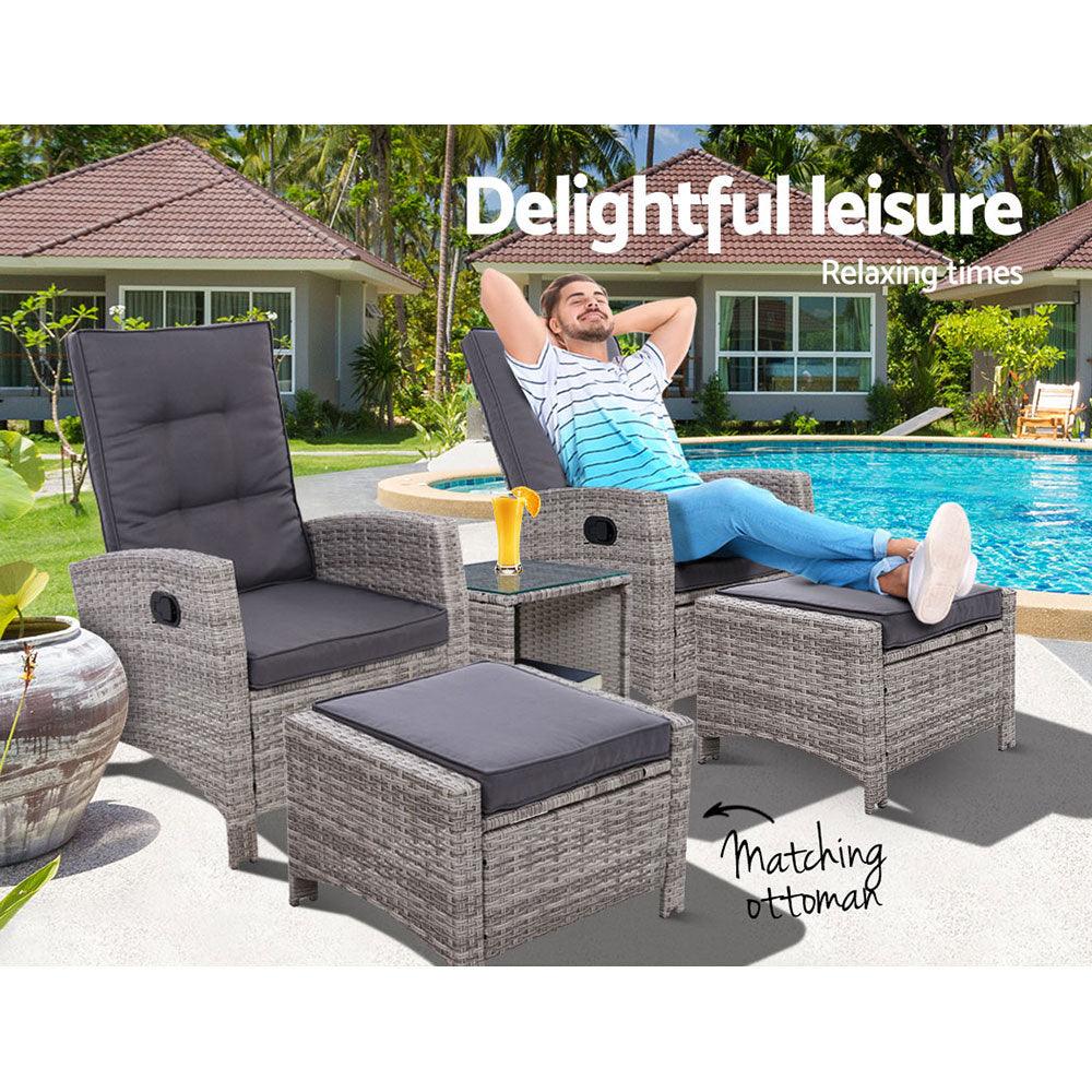 Buy Gardeon 5PC Recliner Chairs Table Sun lounge Wicker Outdoor Furniture Adjustable Grey discounted | Products On Sale Australia