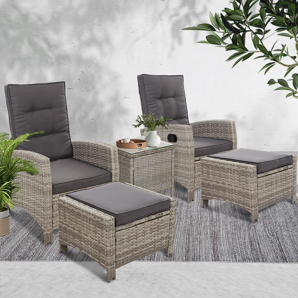 Buy Gardeon 5PC Recliner Chairs Table Sun lounge Wicker Outdoor Furniture Adjustable Grey discounted | Products On Sale Australia