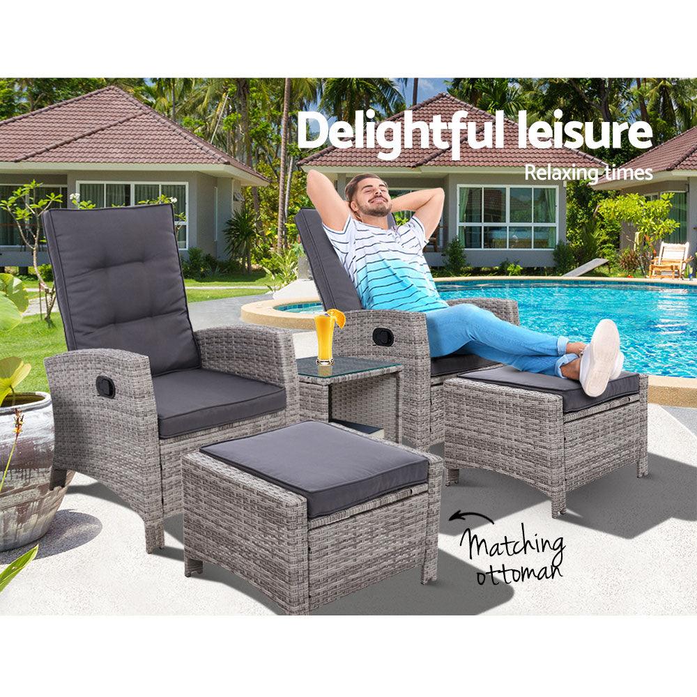 Buy Gardeon 5PC Recliner Chairs Table Sun lounge Wicker Outdoor Furniture Adjustable Grey discounted | Products On Sale Australia