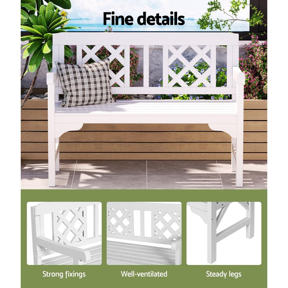 Buy Gardeon Outdoor Garden Bench Wooden Chair 2 Seat Patio Furniture Lounge White discounted | Products On Sale Australia