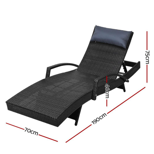 Buy Gardeon Sun Lounge Wicker Lounger Outdoor Furniture Beach Chair Armrest Adjustable Black discounted | Products On Sale Australia