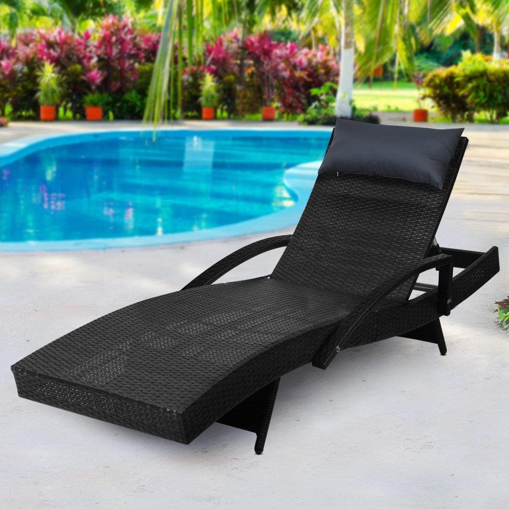 Buy Gardeon Sun Lounge Wicker Lounger Outdoor Furniture Beach Chair Armrest Adjustable Black discounted | Products On Sale Australia