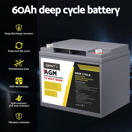 Buy Giantz AGM Battery 12V 60Ah Deep Cycle Box Portable Solar Caravan Camping discounted | Products On Sale Australia