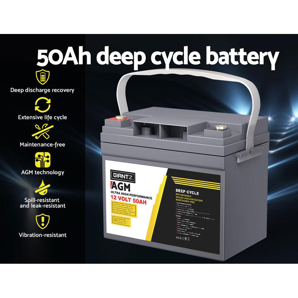 Buy Giantz AGM Deep Cycle Battery 12V 50Ah Box Portable Solar Caravan Camping discounted | Products On Sale Australia