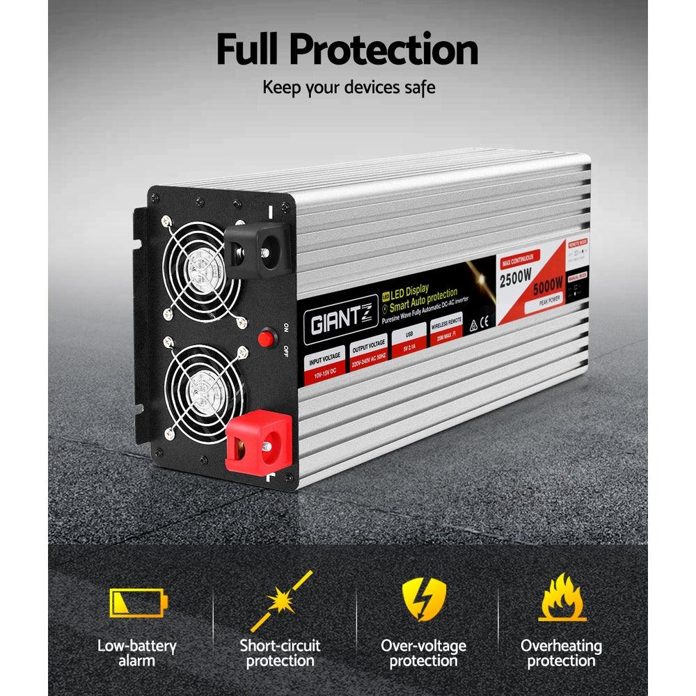 Buy Giantz Power Inverter 12V to 240V 2500W/5000W Pure Sine Wave Camping Car Boat discounted | Products On Sale Australia