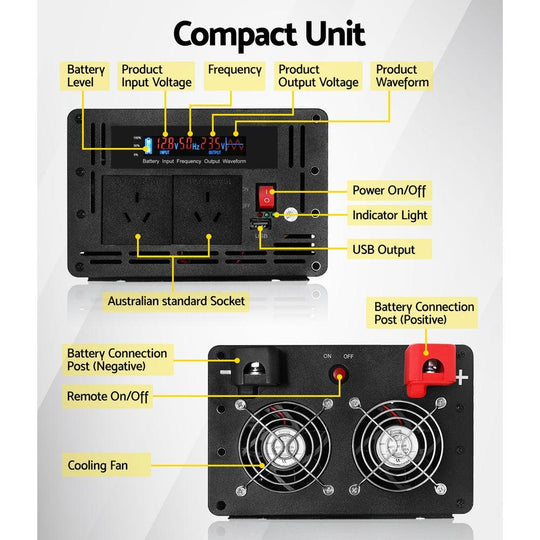 Buy Giantz Power Inverter 12V to 240V 2500W/5000W Pure Sine Wave Camping Car Boat discounted | Products On Sale Australia