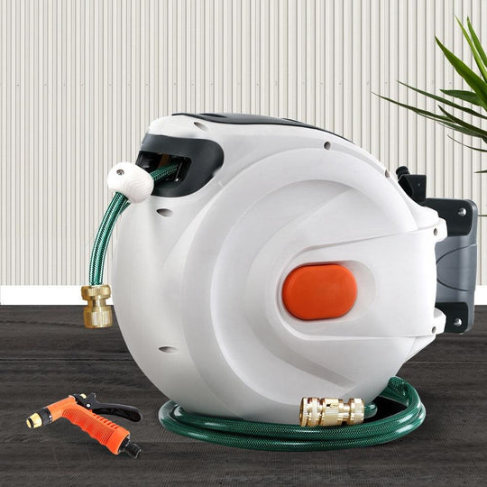 Buy Greenfingers Retractable Hose Reel 30M Garden Water Brass Spray Gun Auto Rewind discounted | Products On Sale Australia