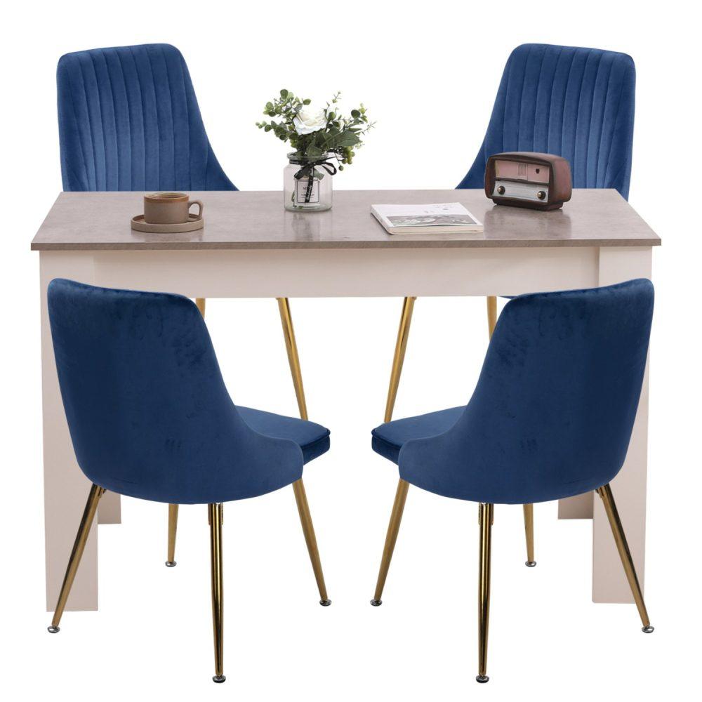 Buy Grey Rectangular Dining Table with 4x Blue Velvet Chairs discounted | Products On Sale Australia