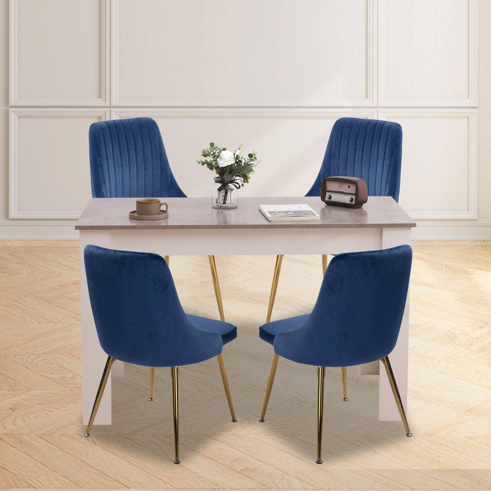 Buy Grey Rectangular Dining Table with 4x Blue Velvet Chairs discounted | Products On Sale Australia