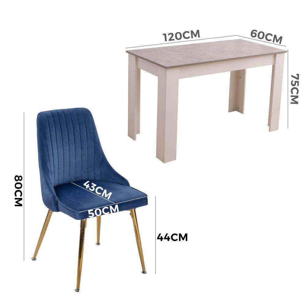 Buy Grey Rectangular Dining Table with 4x Blue Velvet Chairs discounted | Products On Sale Australia