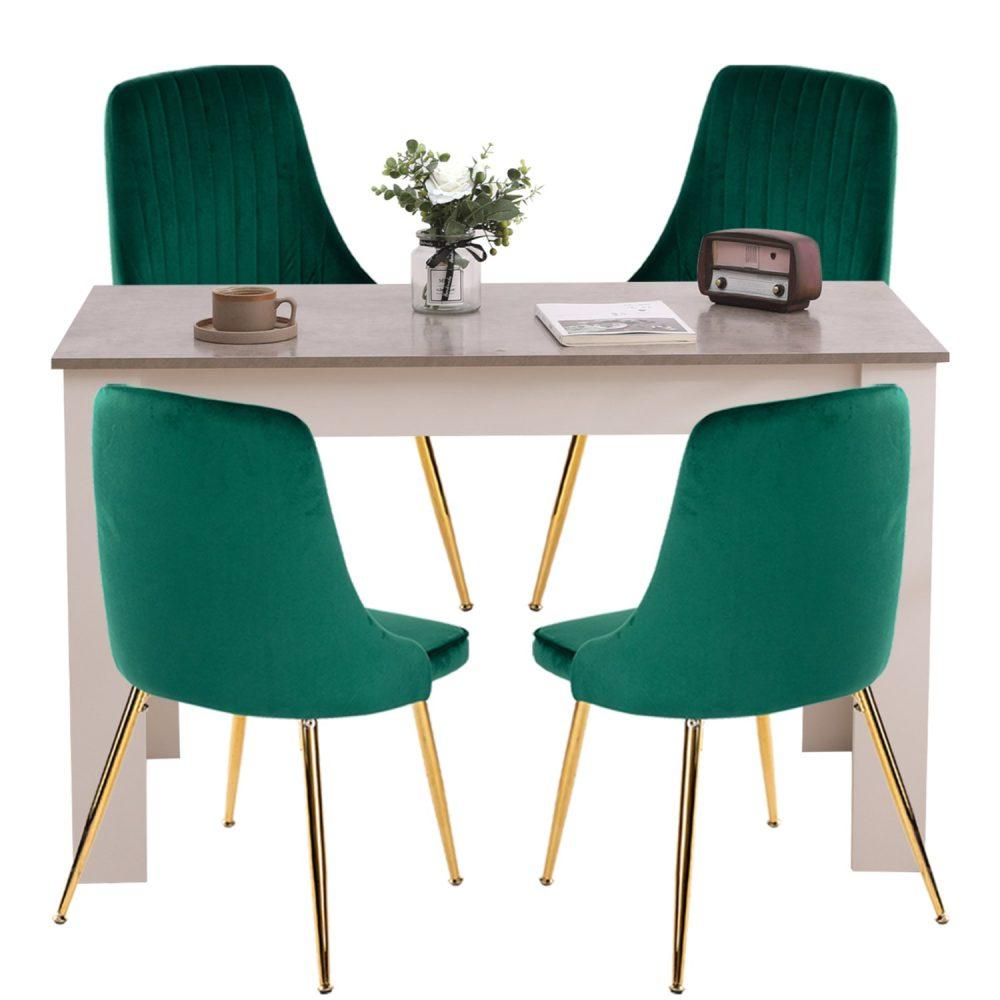 Buy Grey Rectangular Dining Table with 4x Green Velvet Chairs discounted | Products On Sale Australia