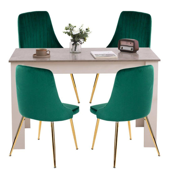 Buy Grey Rectangular Dining Table with 4x Green Velvet Chairs discounted | Products On Sale Australia