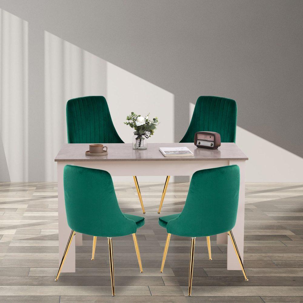 Buy Grey Rectangular Dining Table with 4x Green Velvet Chairs discounted | Products On Sale Australia