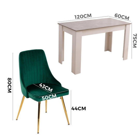 Buy Grey Rectangular Dining Table with 4x Green Velvet Chairs discounted | Products On Sale Australia