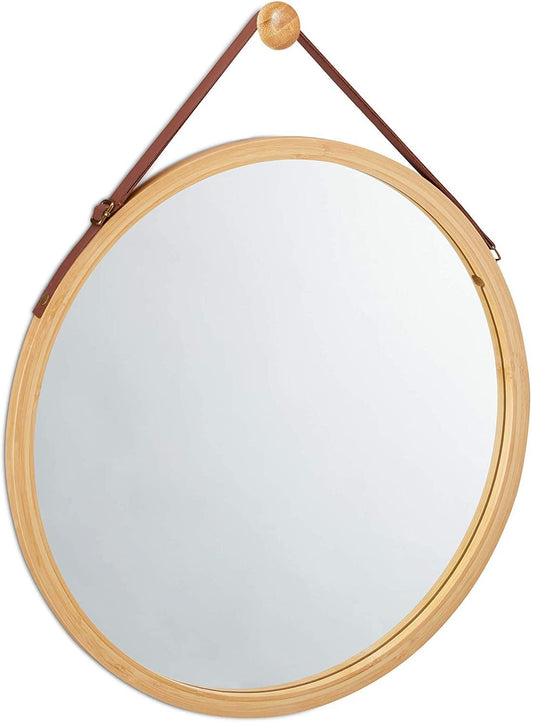 Buy Hanging Round Wall Mirror 45 cm - Solid Bamboo Frame and Adjustable Leather Strap for Bathroom and Bedroom discounted | Products On Sale Australia