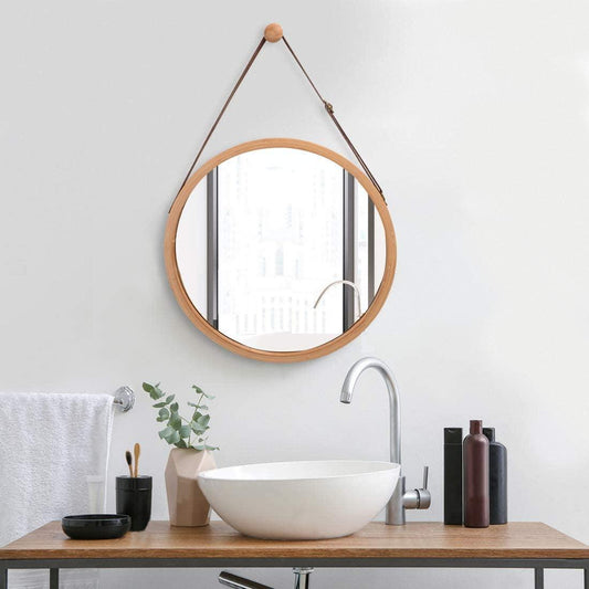 Buy Hanging Round Wall Mirror 45 cm - Solid Bamboo Frame and Adjustable Leather Strap for Bathroom and Bedroom discounted | Products On Sale Australia