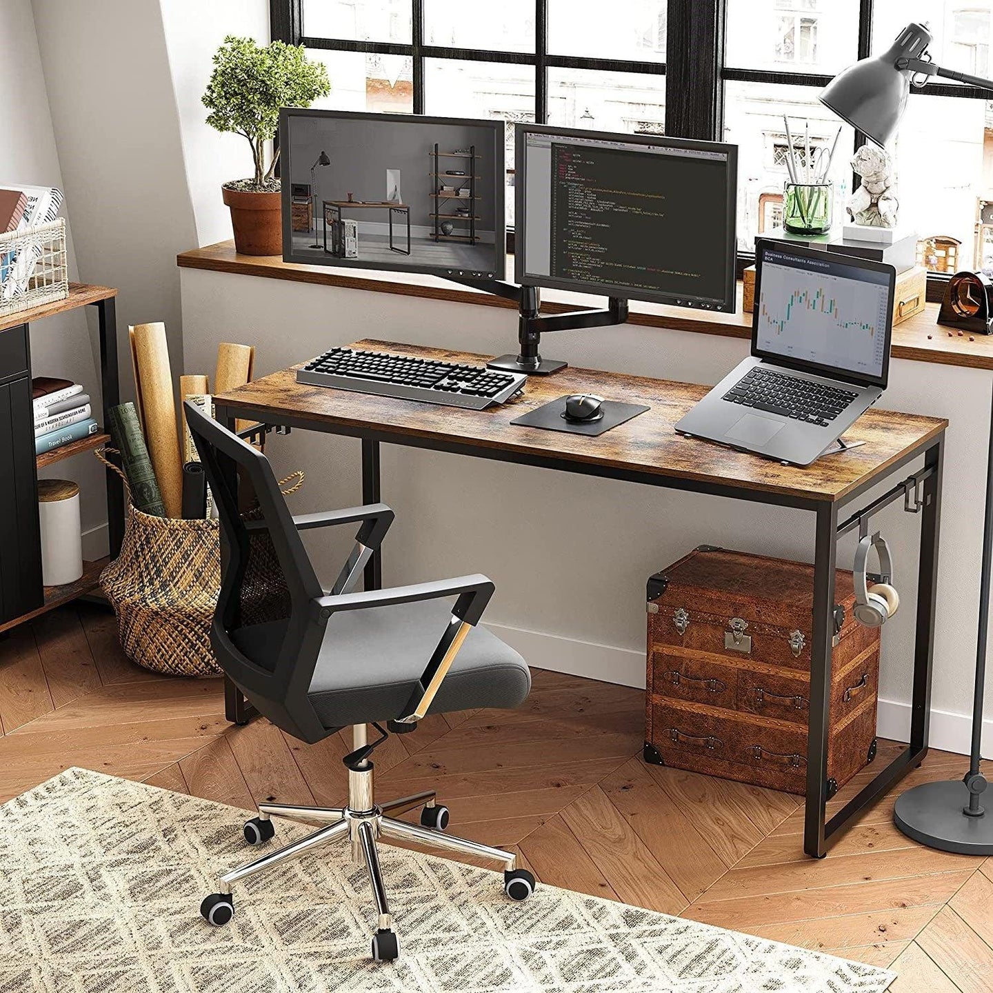 Buy Home Office Desk with 8 Hooks 140 x 60 x 75 cm Rustic Brown and Black discounted | Products On Sale Australia