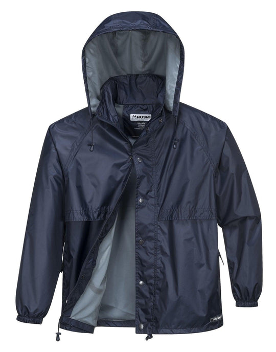 Buy HUSKI STRATUS RAIN JACKET Waterproof Workwear Concealed Hood Windproof Packable - Navy Blue - 4XL discounted | Products On Sale Australia