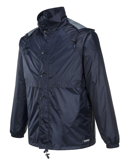 Buy HUSKI STRATUS RAIN JACKET Waterproof Workwear Concealed Hood Windproof Packable - Navy Blue - 4XL discounted | Products On Sale Australia