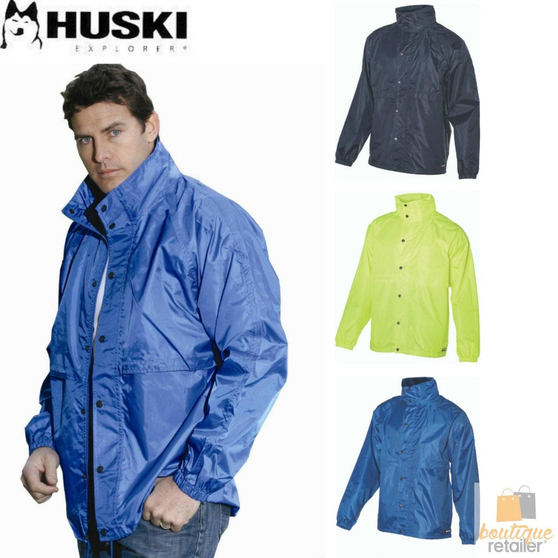 Buy HUSKI STRATUS RAIN JACKET Waterproof Workwear Concealed Hood Windproof Packable - Navy Blue - 4XL discounted | Products On Sale Australia