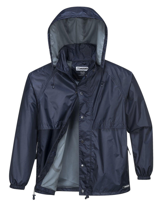 Buy HUSKI STRATUS RAIN JACKET Waterproof Workwear Concealed Hood Windproof Packable - Navy Blue - S discounted | Products On Sale Australia