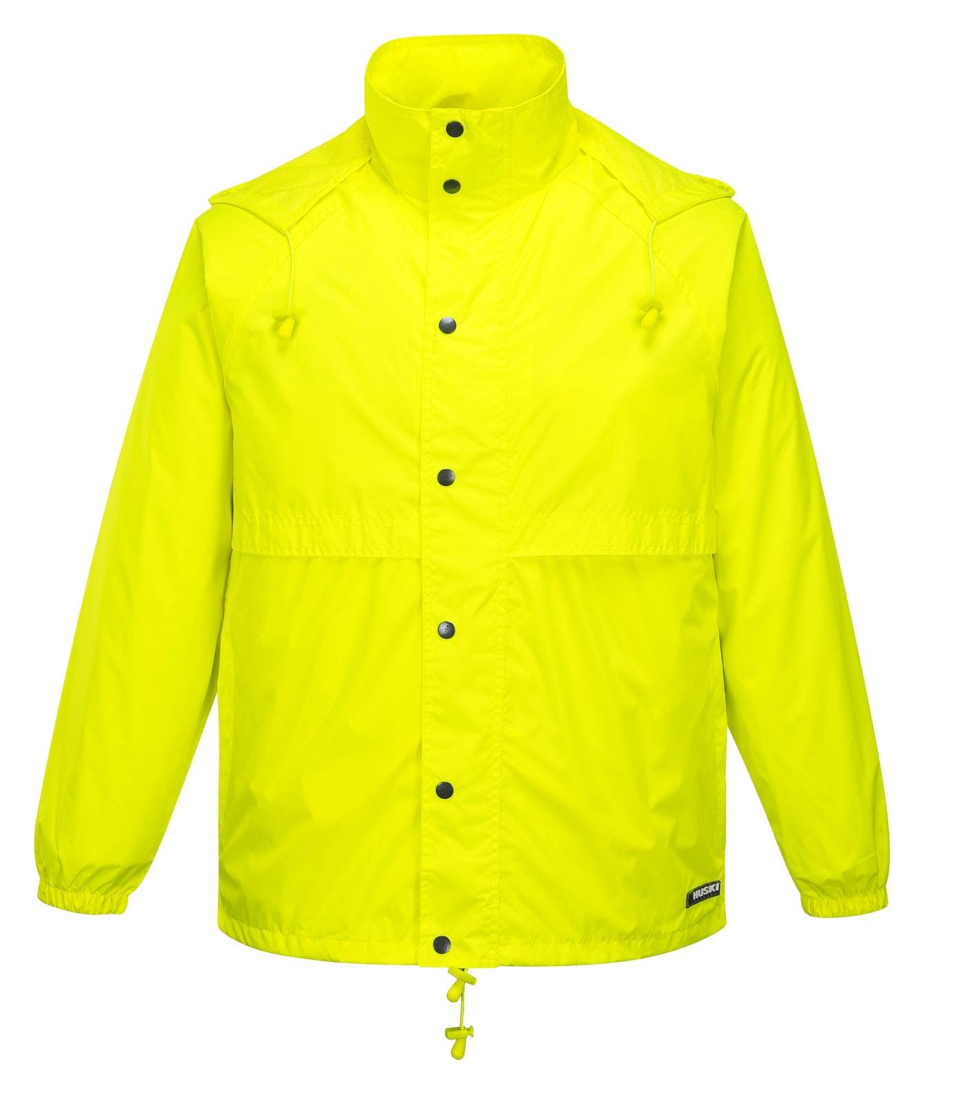 Buy HUSKI STRATUS RAIN JACKET Waterproof Workwear Concealed Hood Windproof Packable - Yellow Fluro - 5XL discounted | Products On Sale Australia