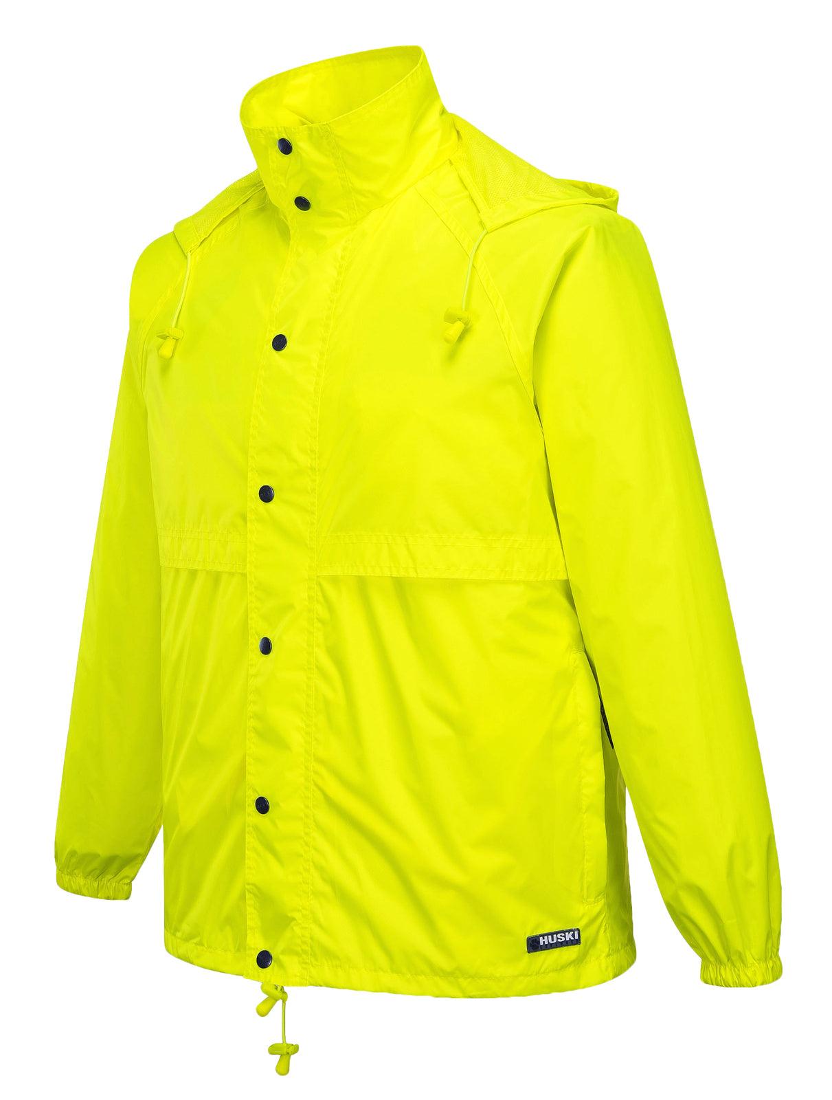 Buy HUSKI STRATUS RAIN JACKET Waterproof Workwear Concealed Hood Windproof Packable - Yellow Fluro - 5XL discounted | Products On Sale Australia