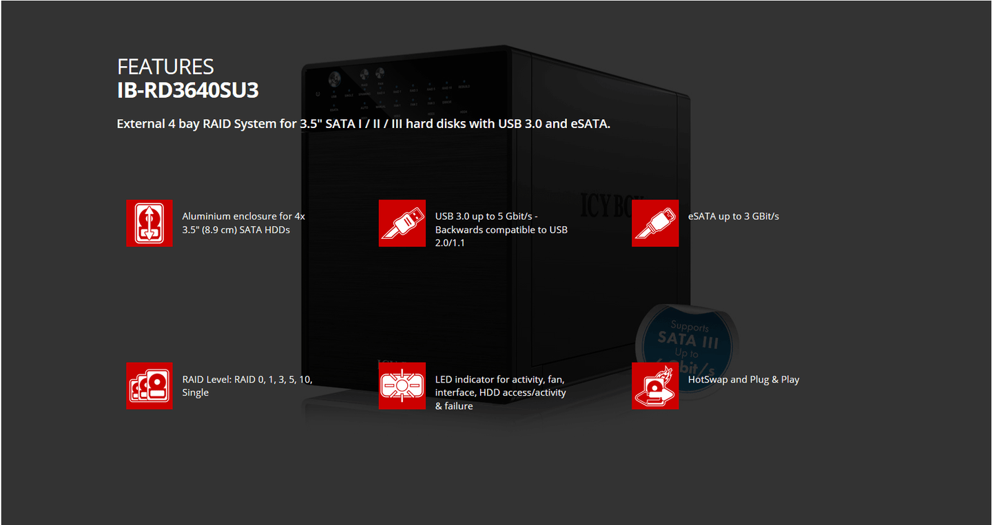 Buy ICY BOX External 4 bay RAID System for 3.5" SATA I / II / III hard disks with USB 3.0 and eSATA (IB-RD3640SU3) discounted | Products On Sale Australia