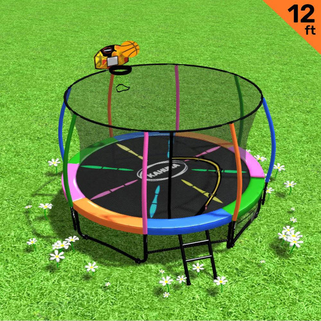 Buy Kahuna 12ft Outdoor Trampoline Kids Children With Safety Enclosure Pad Mat Ladder Basketball Hoop Set - Rainbow discounted | Products On Sale Australia