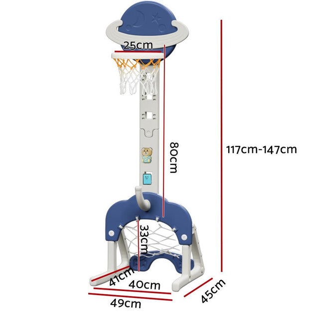 Buy Keezi Kids Basketball Hoop Stand Adjustable 6-in-1 Sports Center Toys Set Blue discounted | Products On Sale Australia