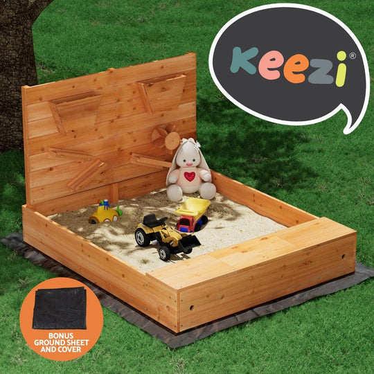 Buy Keezi Kids Sandpit Wooden Sandbox Sand Pit with Cover Funnel Outdoor Toys 120cm discounted | Products On Sale Australia