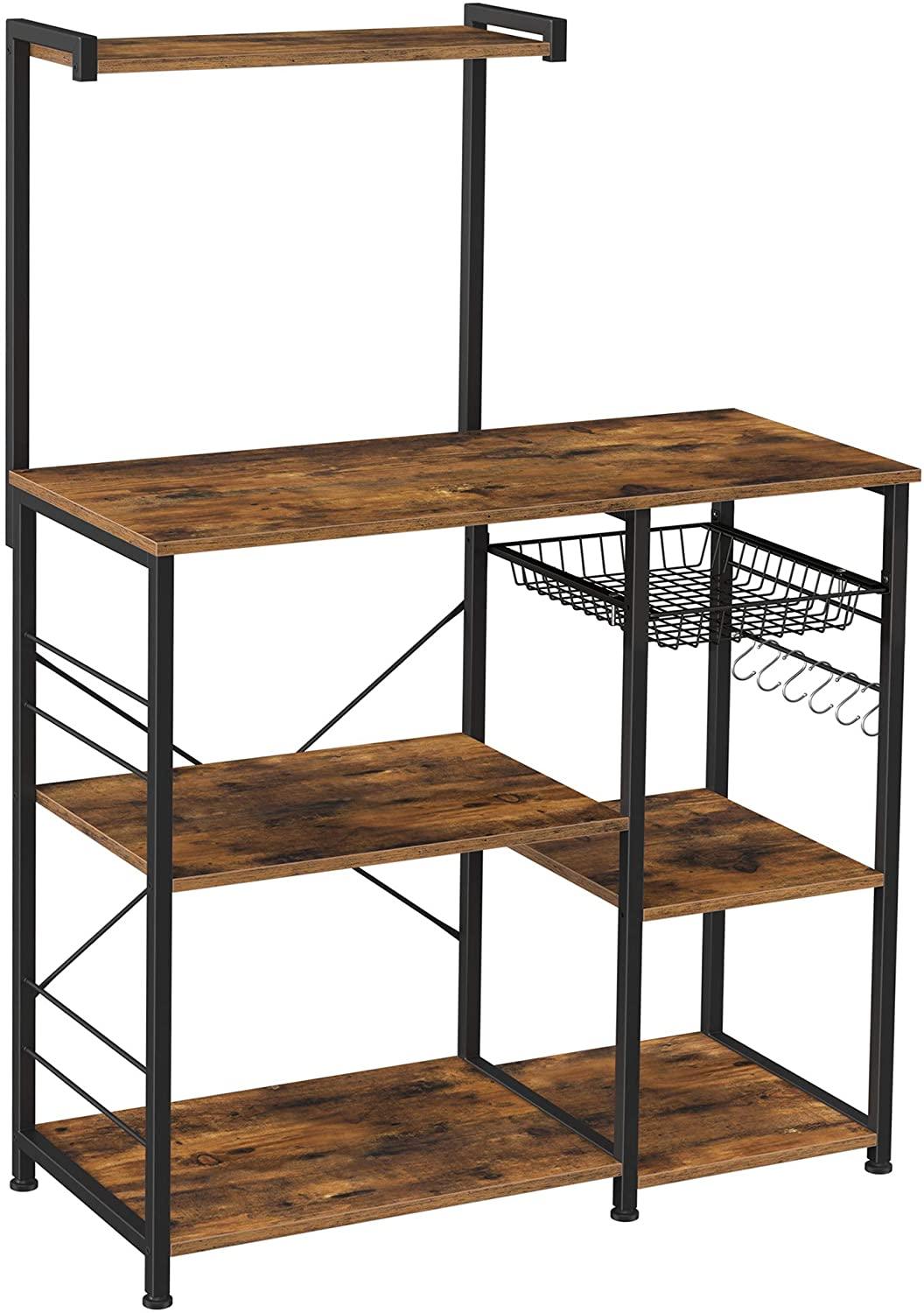 Buy Kithcen Baker's Rack with Shelves Microwave Stand with Wire Basket and 6 S-Hooks Rustic Brown discounted | Products On Sale Australia