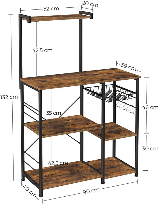 Buy Kithcen Baker's Rack with Shelves Microwave Stand with Wire Basket and 6 S-Hooks Rustic Brown discounted | Products On Sale Australia