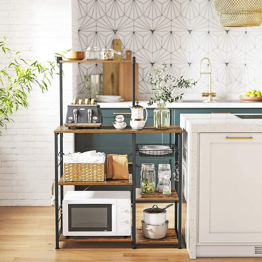 Buy Kithcen Baker's Rack with Shelves Microwave Stand with Wire Basket and 6 S-Hooks Rustic Brown discounted | Products On Sale Australia