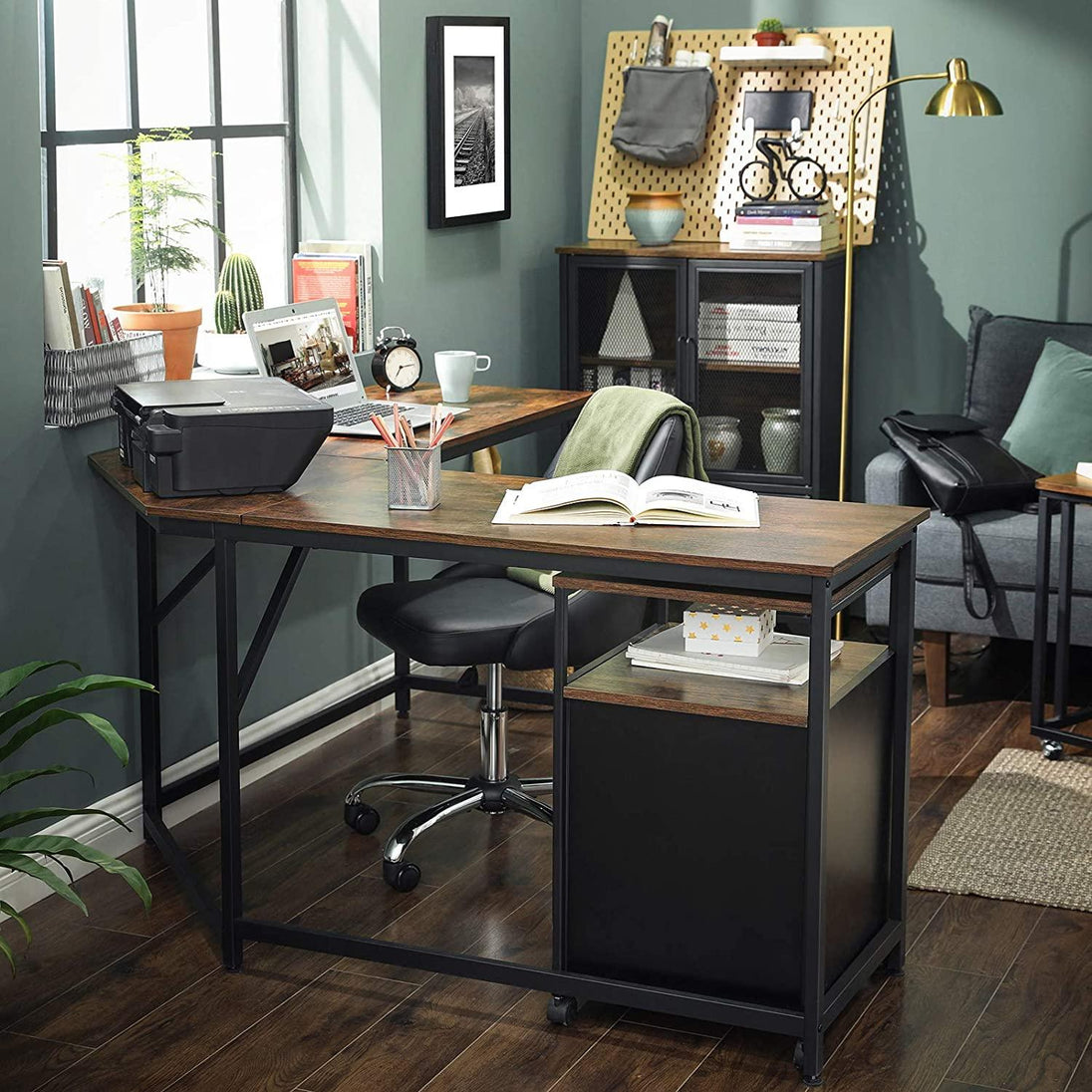 Buy L-Shaped Computer Desk, Rustic Brown and Black discounted | Products On Sale Australia