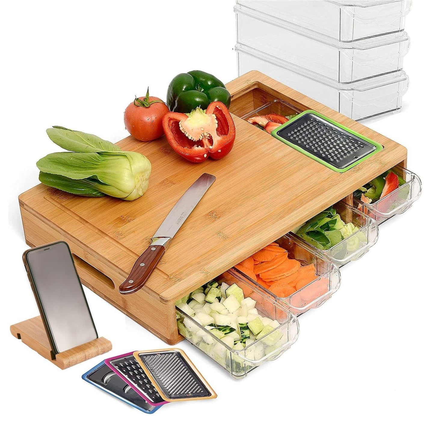 Buy Large Bamboo Cutting Board and 4 Containers with Mobile Holder gift included for Home Kitchen discounted | Products On Sale Australia