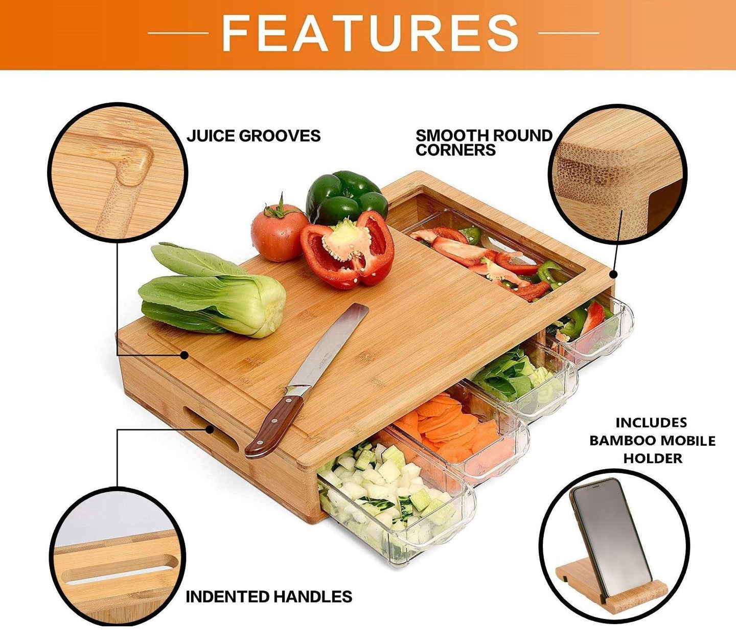 Buy Large Bamboo Cutting Board and 4 Containers with Mobile Holder gift included for Home Kitchen discounted | Products On Sale Australia