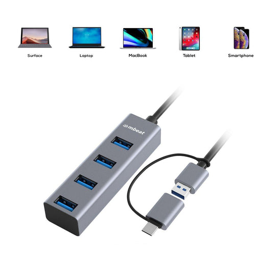 Buy mbeat 4-Port USB 3.0 Hub with 2-in-1 USB 3.0 & USB-C Converter - Space Grey discounted | Products On Sale Australia