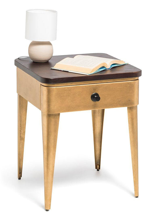 Buy Modern Bedside Table in Brass Finish with Storage Drawer and Wood Top discounted | Products On Sale Australia