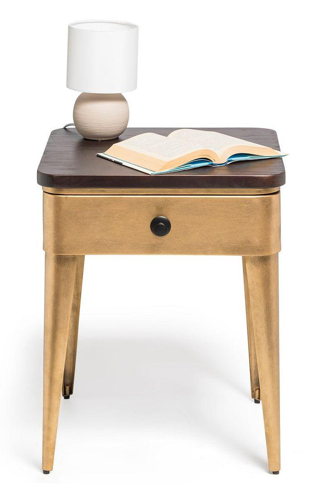 Buy Modern Bedside Table in Brass Finish with Storage Drawer and Wood Top discounted | Products On Sale Australia